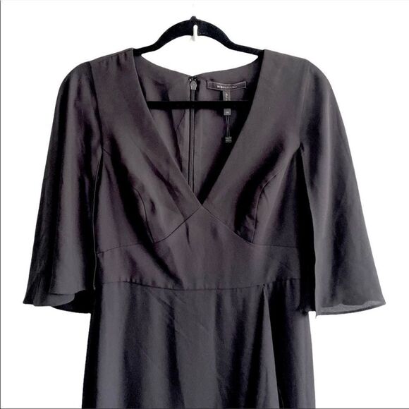 BCBGMAXAZRIA Cape Sleeve V-Neck Asymmetrical Ruffle Maxi Dress Gown Black 4 - Picture 3 of 6